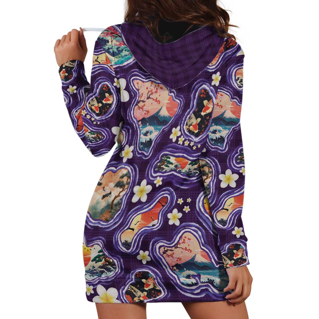 Hawaii Islands Map Design with Japanese Landscape Hoodie Dress Hawaiian Japan Fusion Art Purple Color