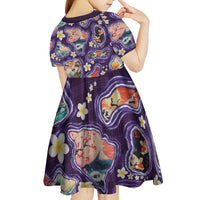 Hawaii Islands Map Design with Japanese Landscape Kid Short Sleeve Dress Hawaiian Japan Fusion Art Purple Color