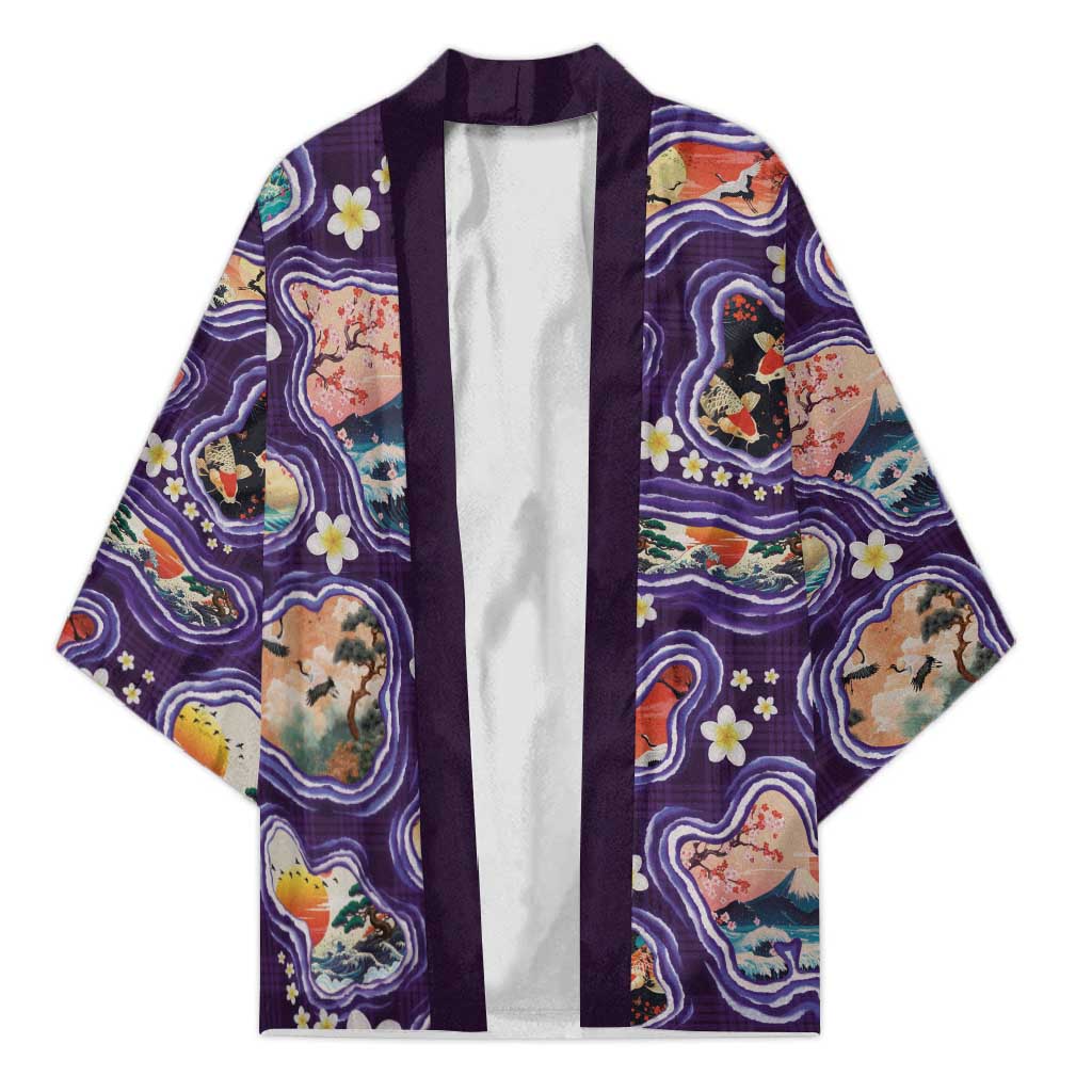 Hawaii Islands Map Design with Japanese Landscape Kimono Hawaiian Japan Fusion Art Purple Color
