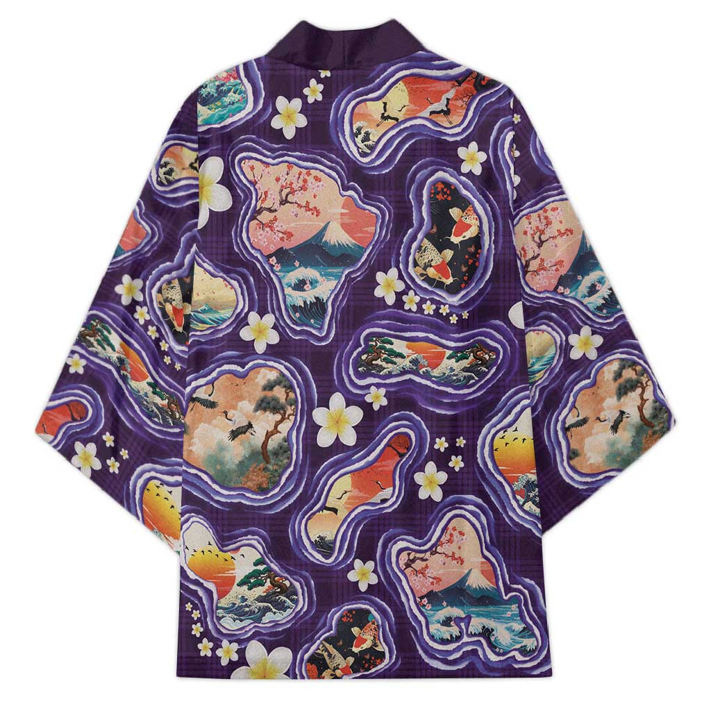 Hawaii Islands Map Design with Japanese Landscape Kimono Hawaiian Japan Fusion Art Purple Color