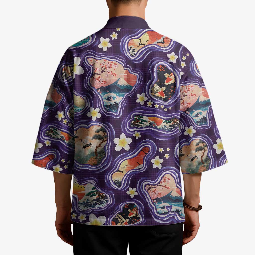 Hawaii Islands Map Design with Japanese Landscape Kimono Hawaiian Japan Fusion Art Purple Color