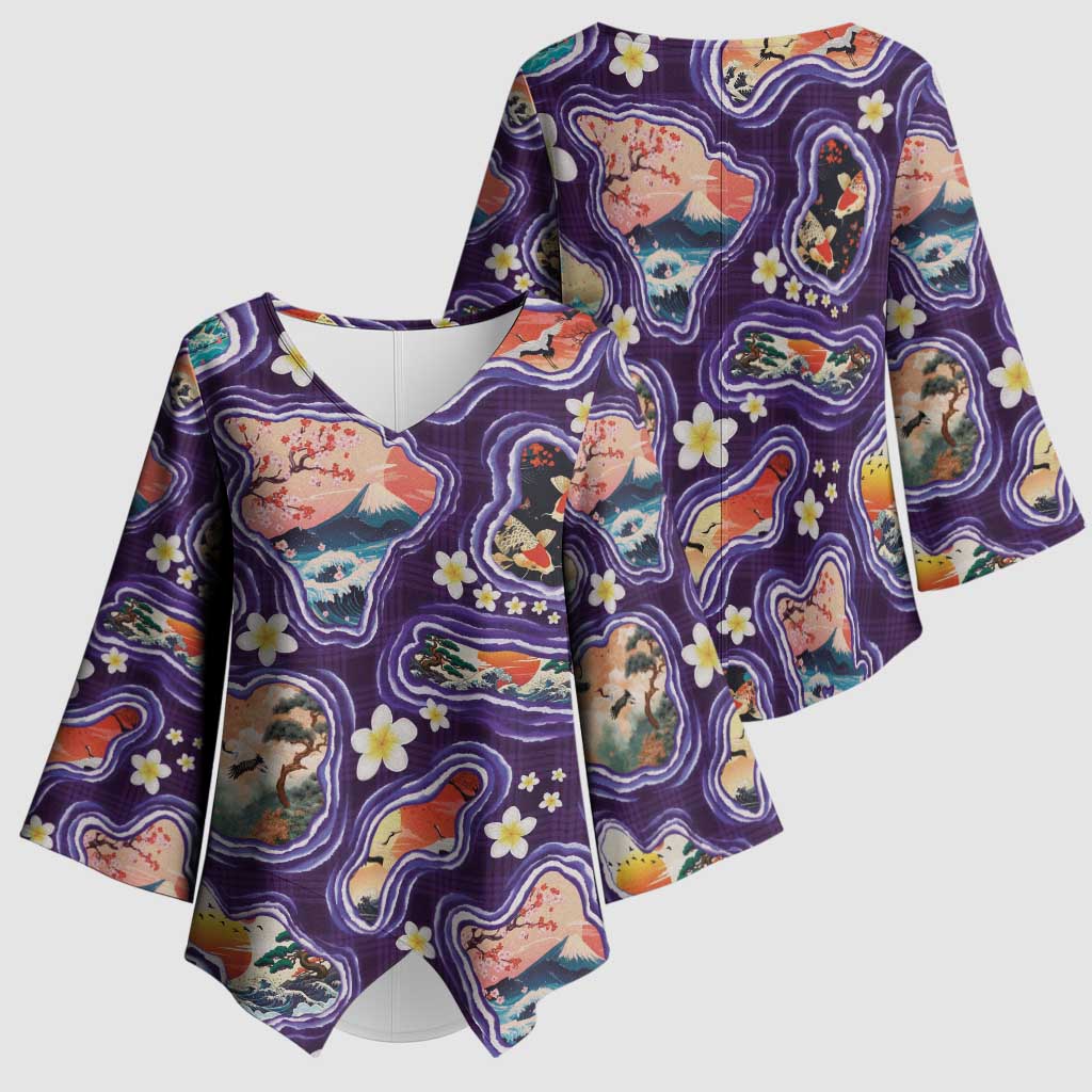 Hawaii Islands Map Design with Japanese Landscape Kimono Sleeve Blouse Hawaiian Japan Fusion Art Purple Color