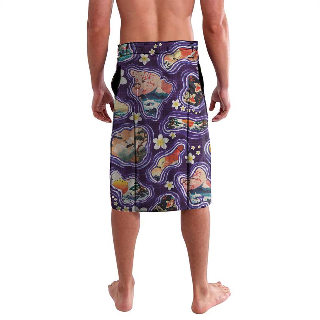Hawaii Islands Map Design with Japanese Landscape Lavalava Hawaiian Japan Fusion Art Purple Color