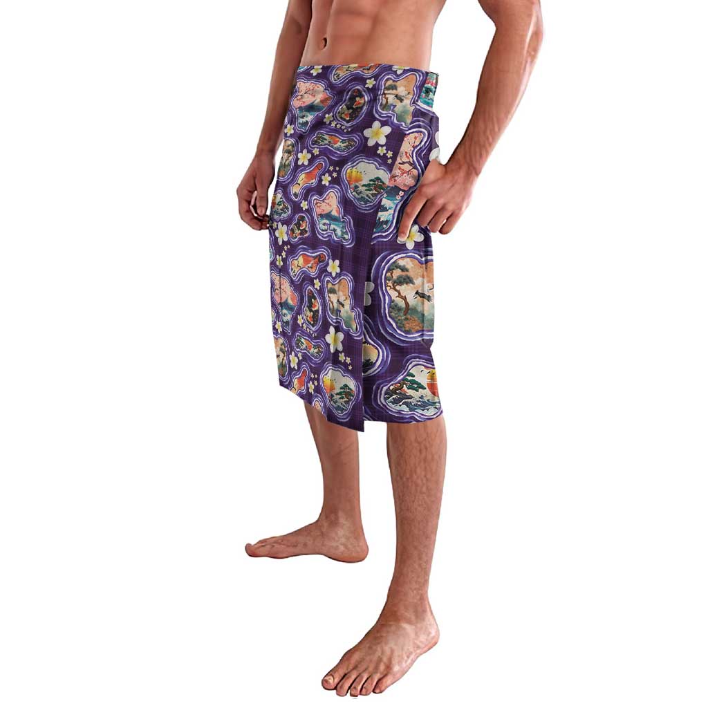 Hawaii Islands Map Design with Japanese Landscape Lavalava Hawaiian Japan Fusion Art Purple Color
