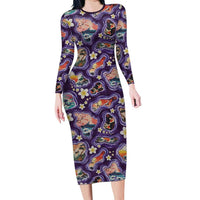 Hawaii Islands Map Design with Japanese Landscape Long Sleeve Bodycon Dress Hawaiian Japan Fusion Art Purple Color