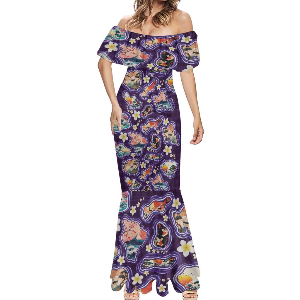 Hawaii Islands Map Design with Japanese Landscape Mermaid Dress Hawaiian Japan Fusion Art Purple Color