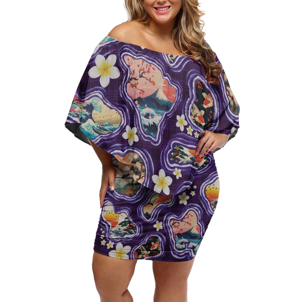 Hawaii Islands Map Design with Japanese Landscape Off Shoulder Short Dress Hawaiian Japan Fusion Art Purple Color