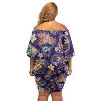 Hawaii Islands Map Design with Japanese Landscape Off Shoulder Short Dress Hawaiian Japan Fusion Art Purple Color
