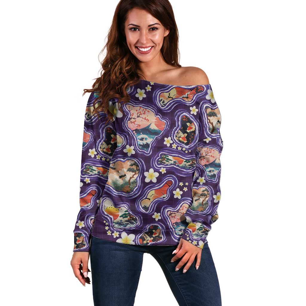 Hawaii Islands Map Design with Japanese Landscape Off Shoulder Sweater Hawaiian Japan Fusion Art Purple Color
