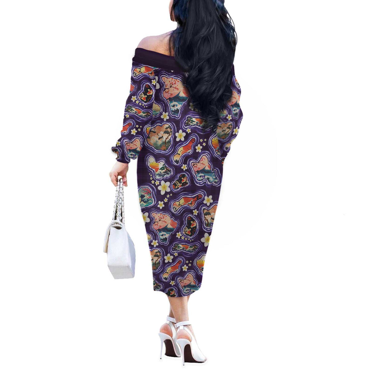 Hawaii Islands Map Design with Japanese Landscape Off The Shoulder Long Sleeve Dress Hawaiian Japan Fusion Art Purple Color