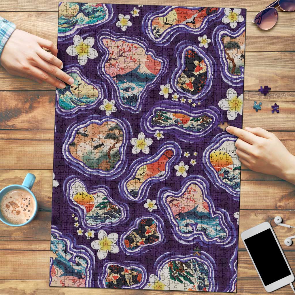 Hawaii Islands Map Design with Japanese Landscape Puzzle Hawaiian Japan Fusion Art Purple Color