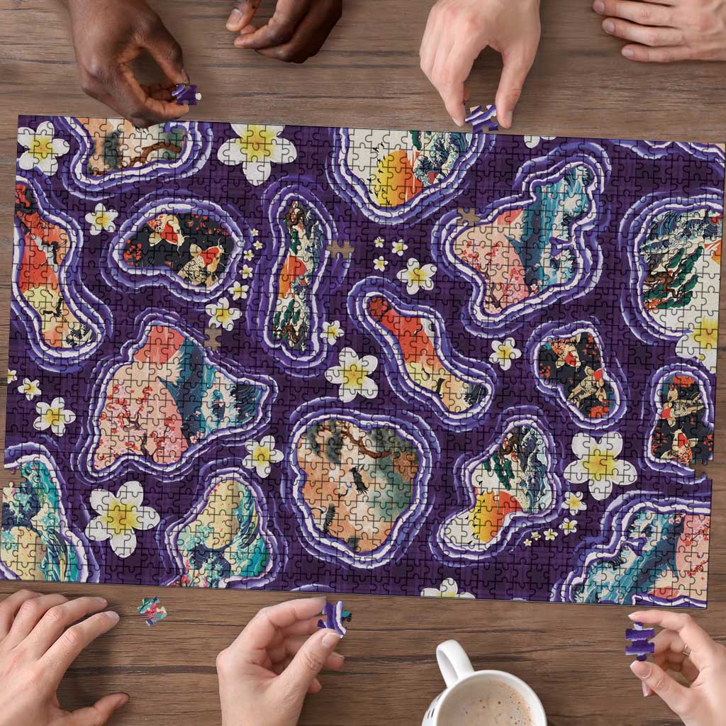 Hawaii Islands Map Design with Japanese Landscape Puzzle Hawaiian Japan Fusion Art Purple Color