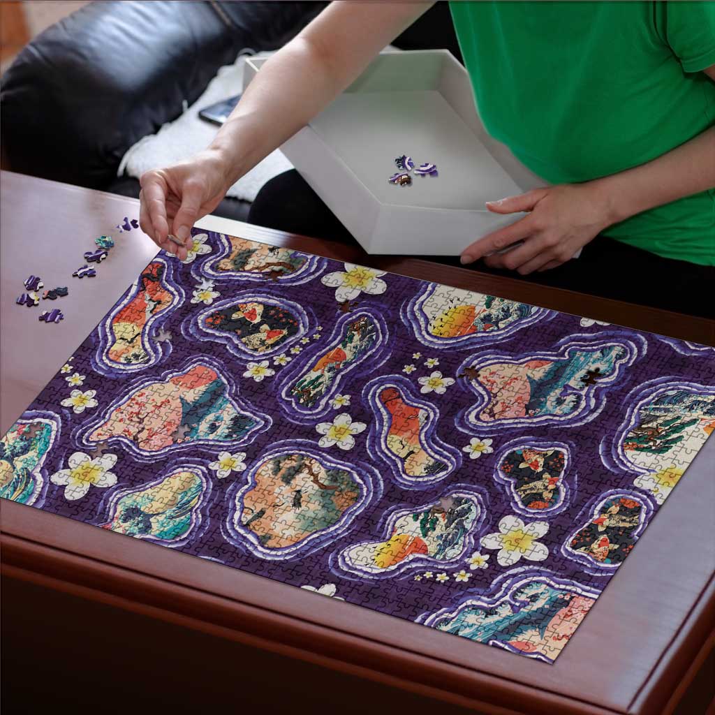 Hawaii Islands Map Design with Japanese Landscape Puzzle Hawaiian Japan Fusion Art Purple Color