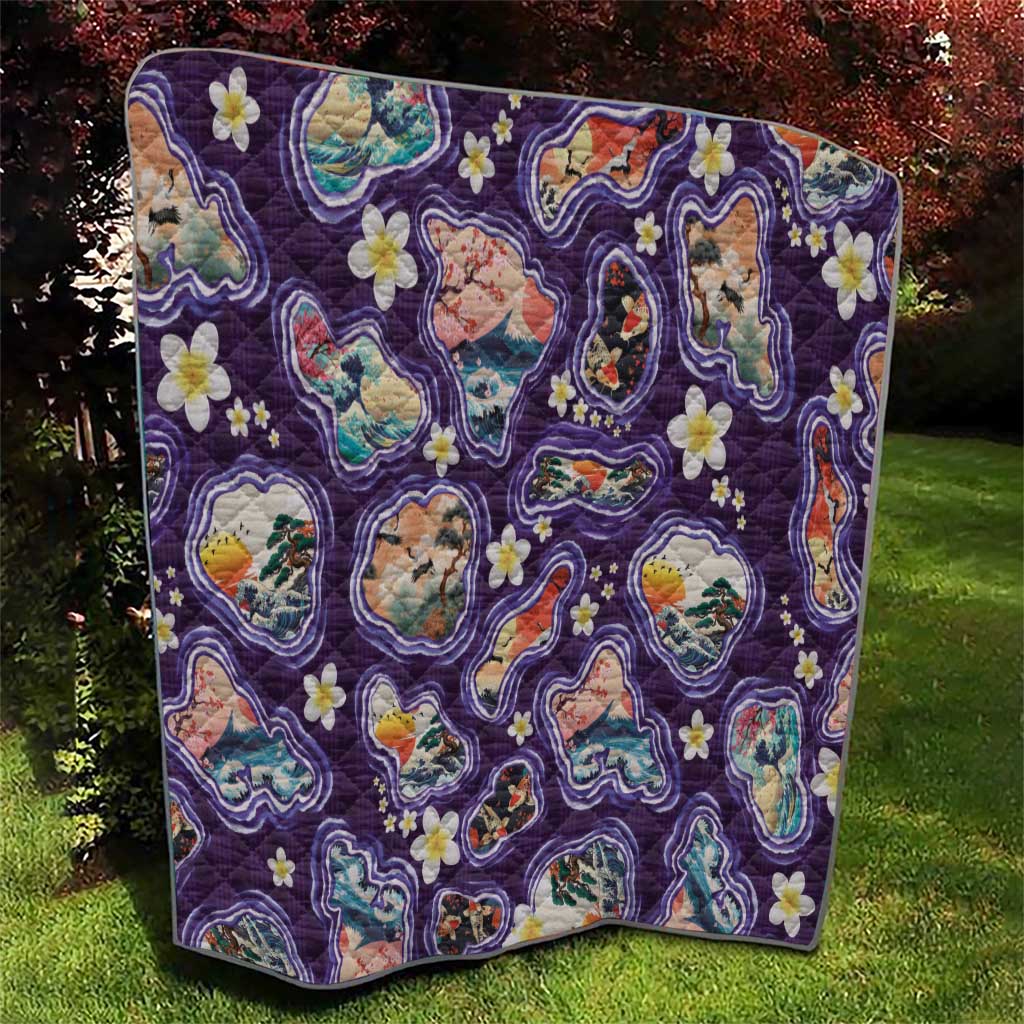 Hawaii Islands Map Design with Japanese Landscape Quilt Hawaiian Japan Fusion Art Purple Color