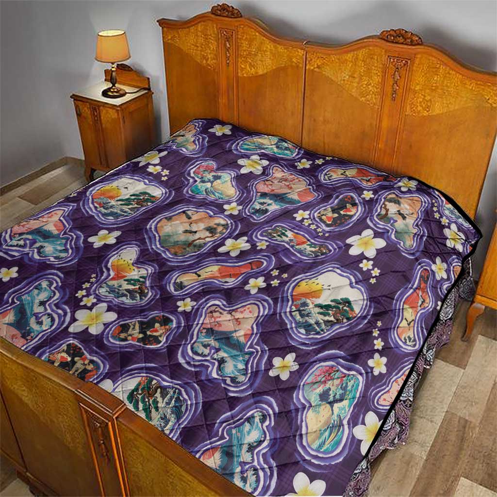 Hawaii Islands Map Design with Japanese Landscape Quilt Hawaiian Japan Fusion Art Purple Color