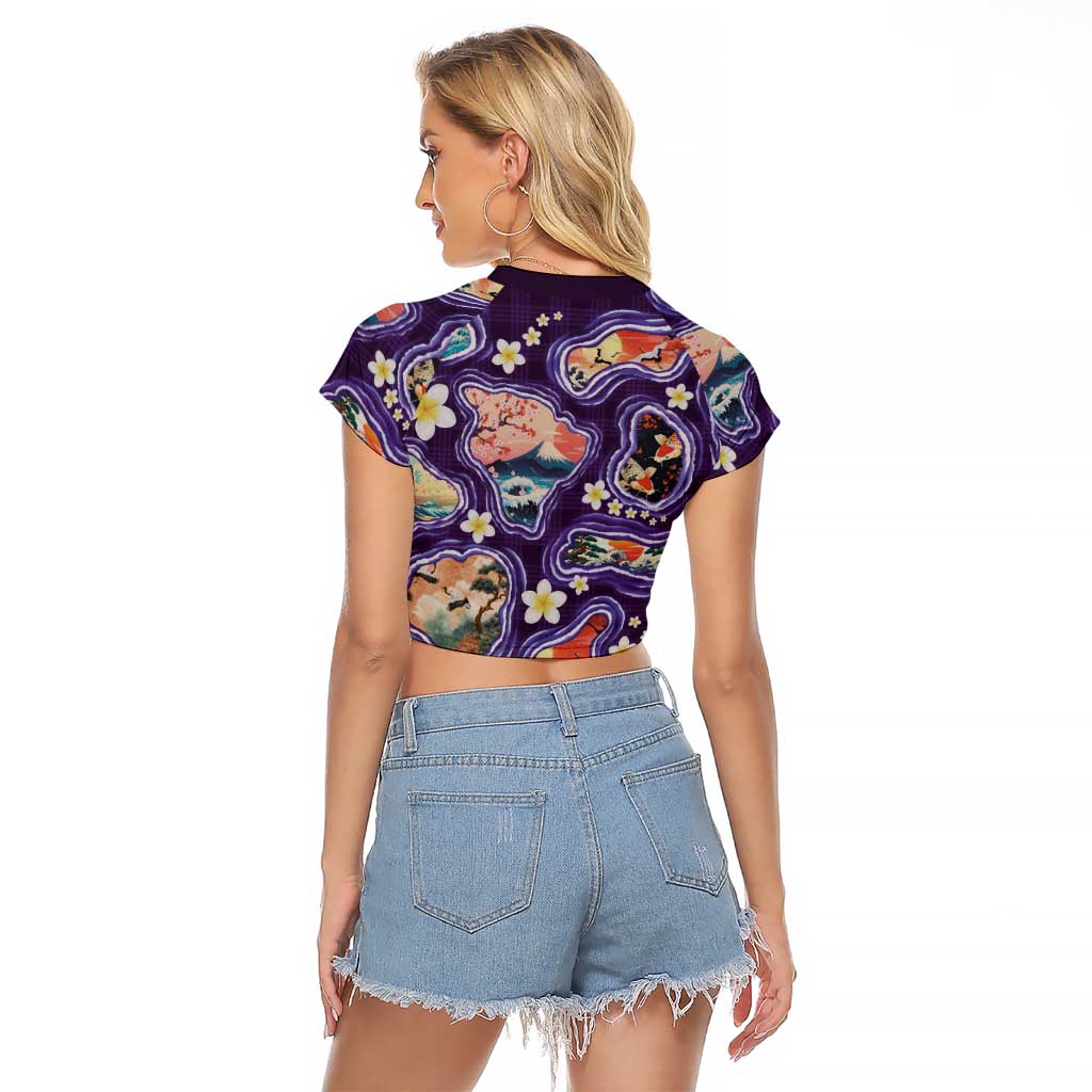 Hawaii Islands Map Design with Japanese Landscape Raglan Cropped T Shirt Hawaiian Japan Fusion Art Purple Color
