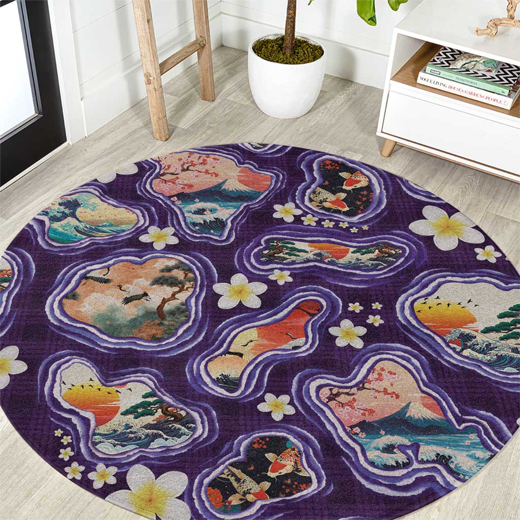 Hawaii Islands Map Design with Japanese Landscape Round Carpet Hawaiian Japan Fusion Art Purple Color