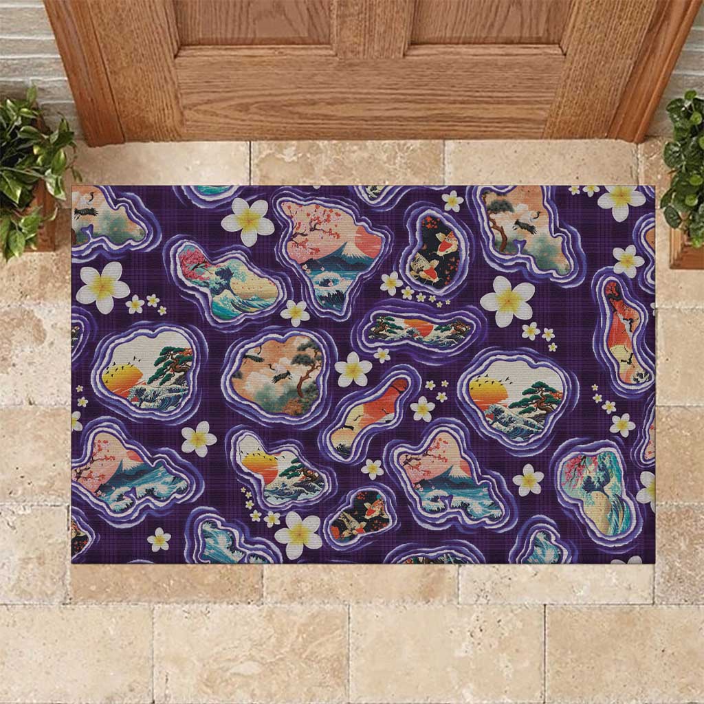 Hawaii Islands Map Design with Japanese Landscape Rubber Doormat Hawaiian Japan Fusion Art Purple Color