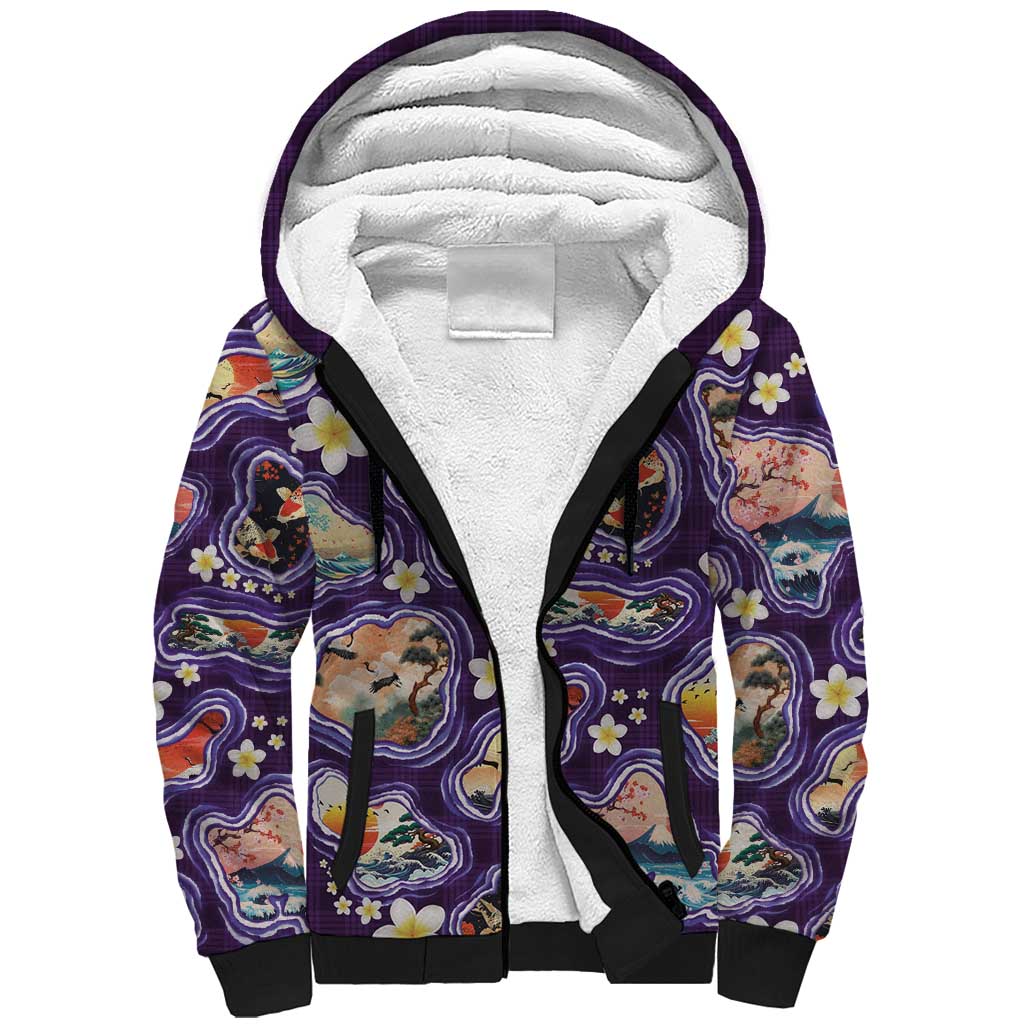 Hawaii Islands Map Design with Japanese Landscape Sherpa Hoodie Hawaiian Japan Fusion Art Purple Color