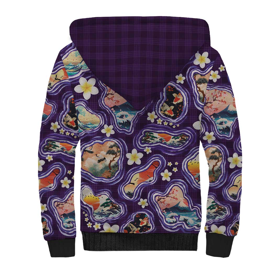 Hawaii Islands Map Design with Japanese Landscape Sherpa Hoodie Hawaiian Japan Fusion Art Purple Color