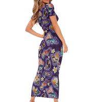 Hawaii Islands Map Design with Japanese Landscape Short Sleeve Bodycon Dress Hawaiian Japan Fusion Art Purple Color