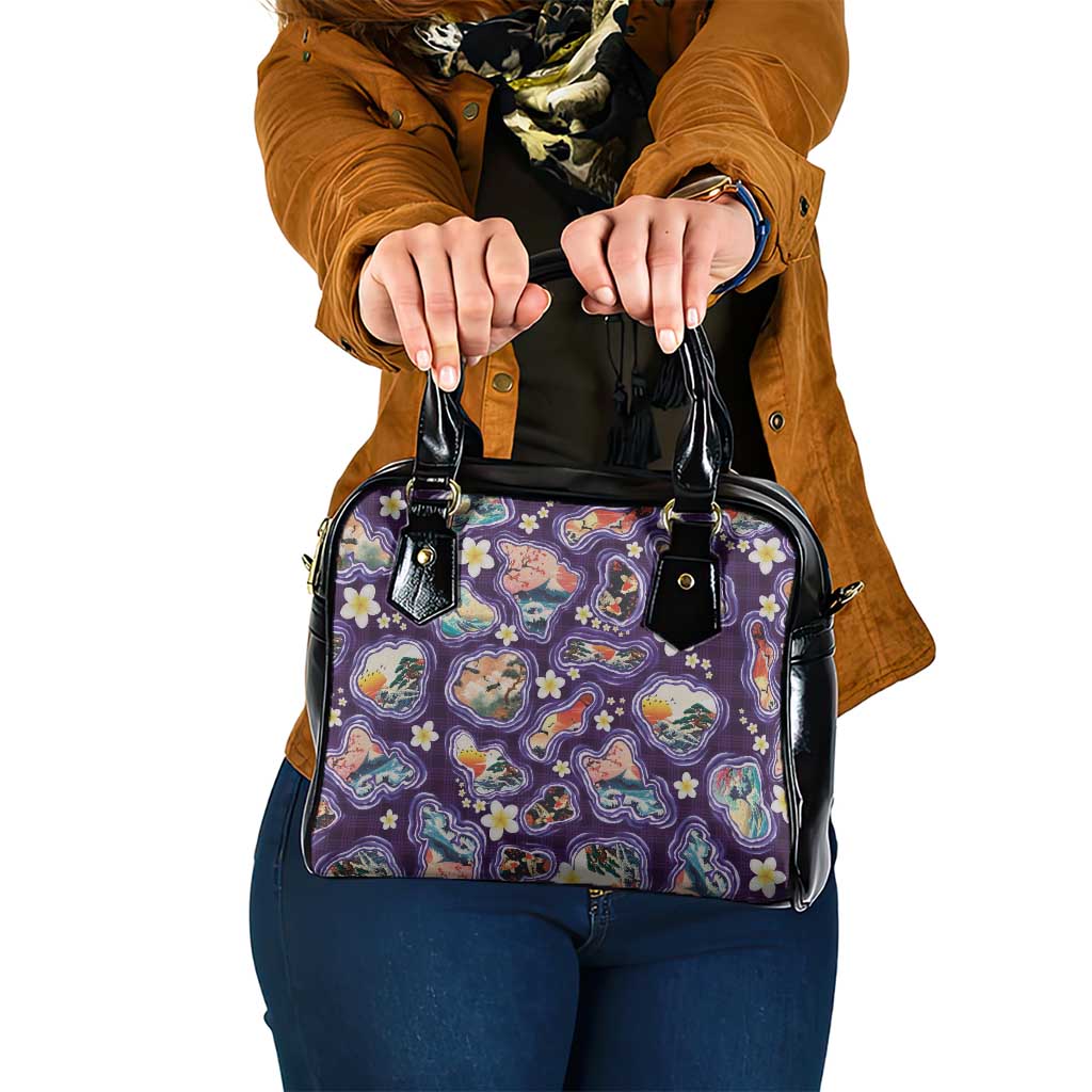 Hawaii Islands Map Design with Japanese Landscape Shoulder Handbag Hawaiian Japan Fusion Art Purple Color