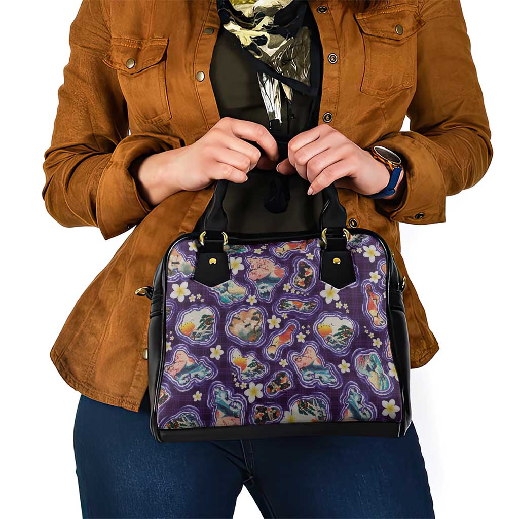 Hawaii Islands Map Design with Japanese Landscape Shoulder Handbag Hawaiian Japan Fusion Art Purple Color