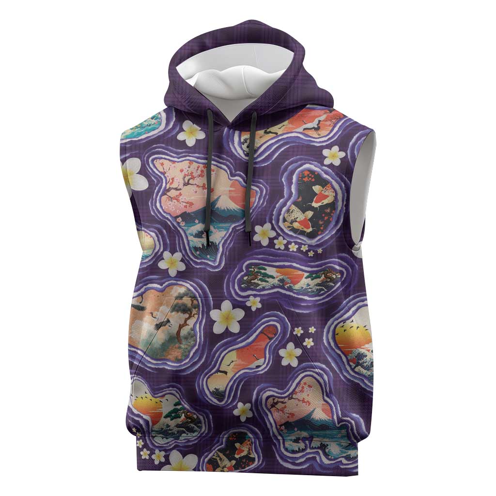 Hawaii Islands Map Design with Japanese Landscape Sleeveless Hoodie Hawaiian Japan Fusion Art Purple Color