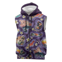 Hawaii Islands Map Design with Japanese Landscape Sleeveless Zip Hoodie Hawaiian Japan Fusion Art Purple Color