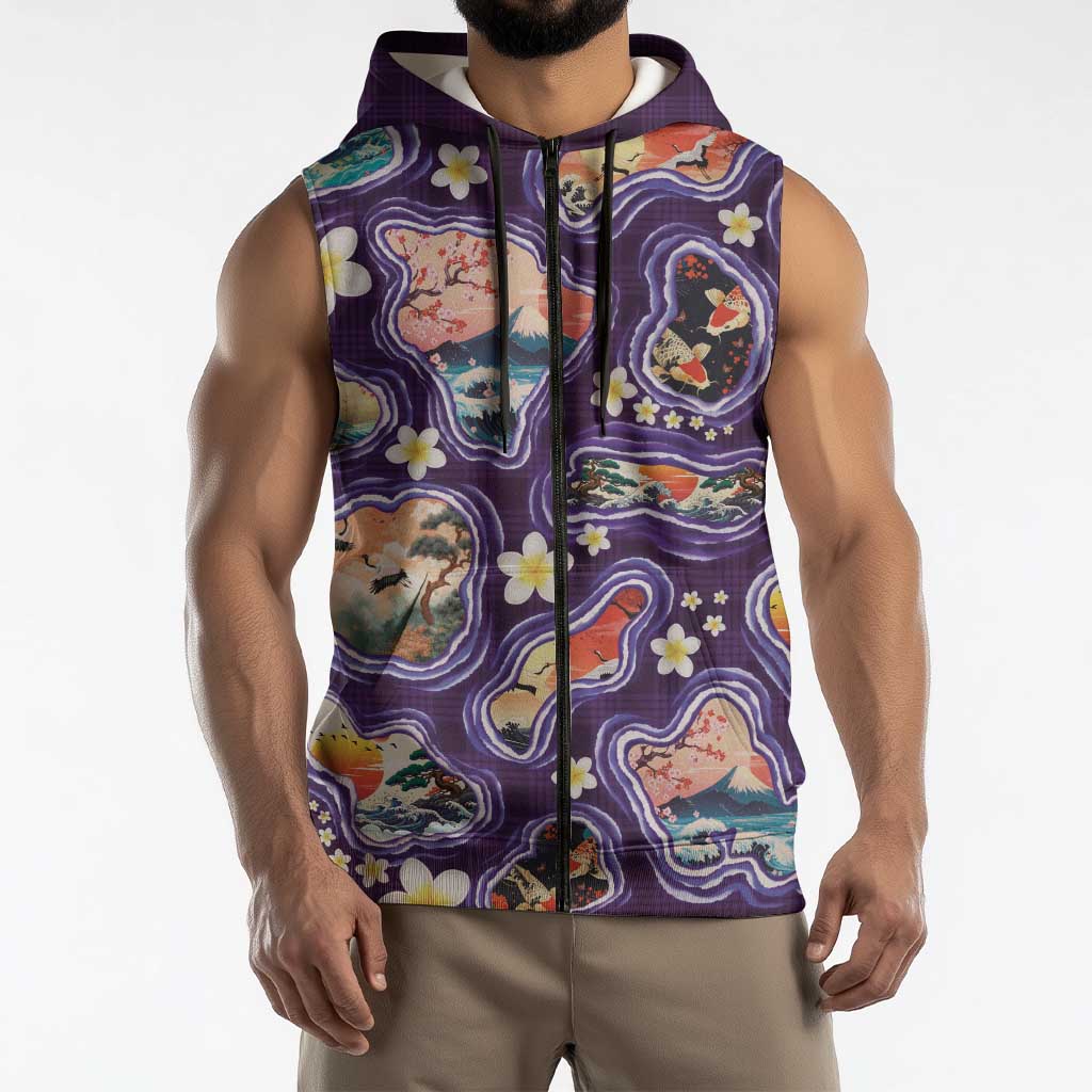 Hawaii Islands Map Design with Japanese Landscape Sleeveless Zip Hoodie Hawaiian Japan Fusion Art Purple Color