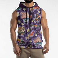 Hawaii Islands Map Design with Japanese Landscape Sleeveless Zip Hoodie Hawaiian Japan Fusion Art Purple Color