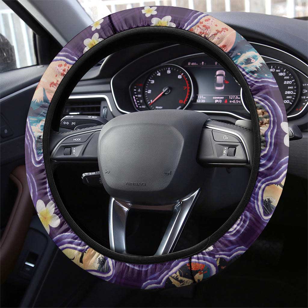 Hawaii Islands Map Design with Japanese Landscape Steering Wheel Cover Hawaiian Japan Fusion Art Purple Color