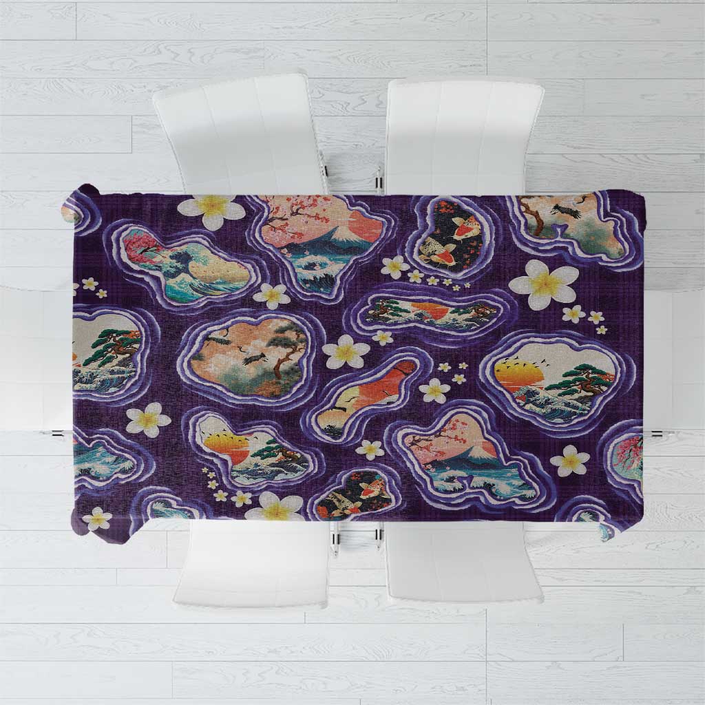 Hawaii Islands Map Design with Japanese Landscape Tablecloth Hawaiian Japan Fusion Art Purple Color