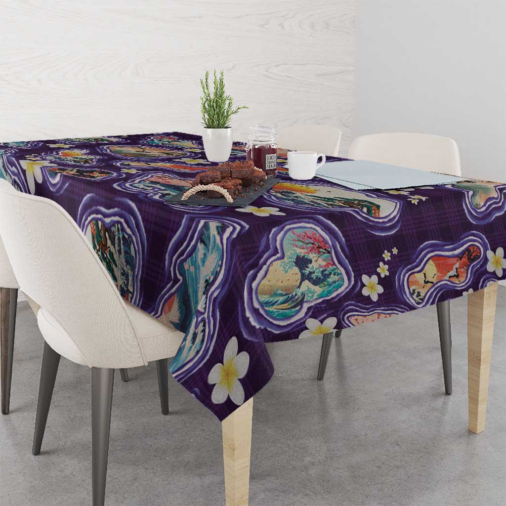 Hawaii Islands Map Design with Japanese Landscape Tablecloth Hawaiian Japan Fusion Art Purple Color