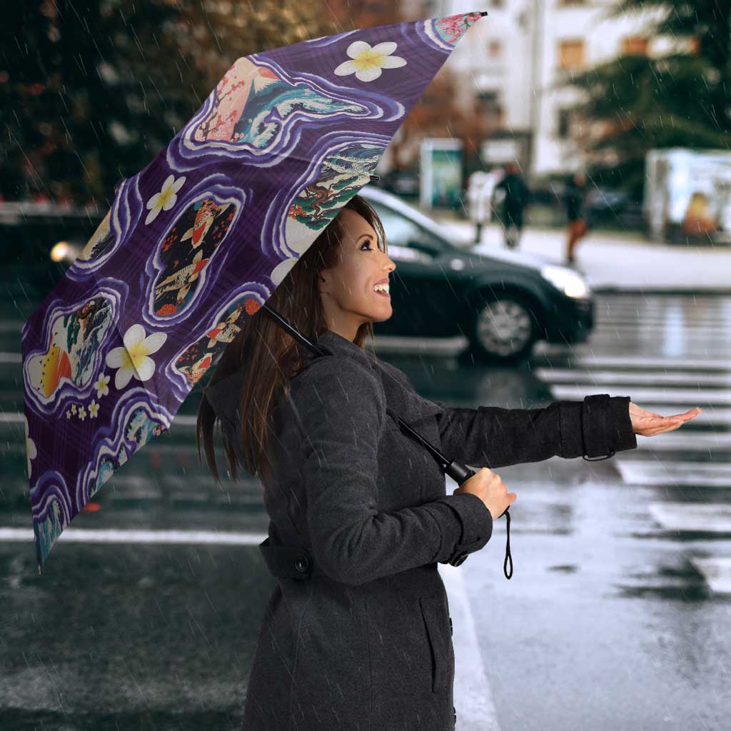 Hawaii Islands Map Design with Japanese Landscape Umbrella Hawaiian Japan Fusion Art Purple Color