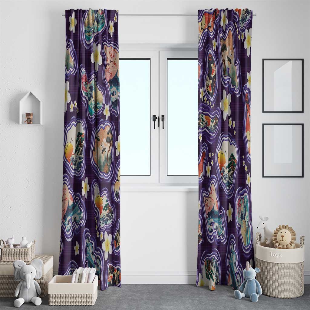 Hawaii Islands Map Design with Japanese Landscape Window Curtain Hawaiian Japan Fusion Art Purple Color