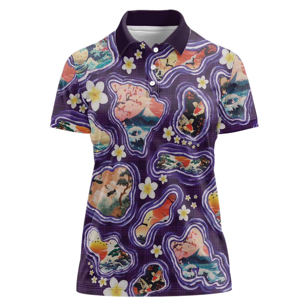 Hawaii Islands Map Design with Japanese Landscape Women Polo Shirt Hawaiian Japan Fusion Art Purple Color