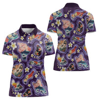 Hawaii Islands Map Design with Japanese Landscape Women Polo Shirt Hawaiian Japan Fusion Art Purple Color