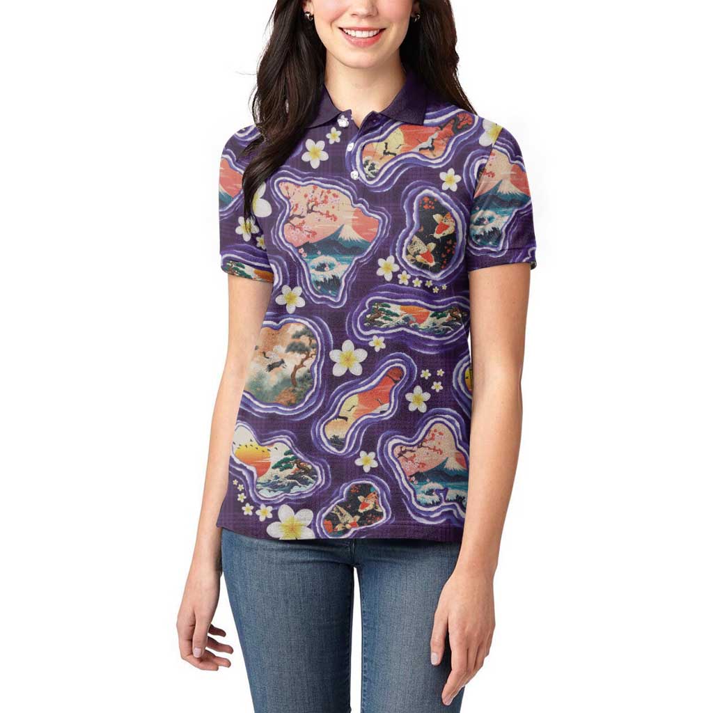 Hawaii Islands Map Design with Japanese Landscape Women Polo Shirt Hawaiian Japan Fusion Art Purple Color