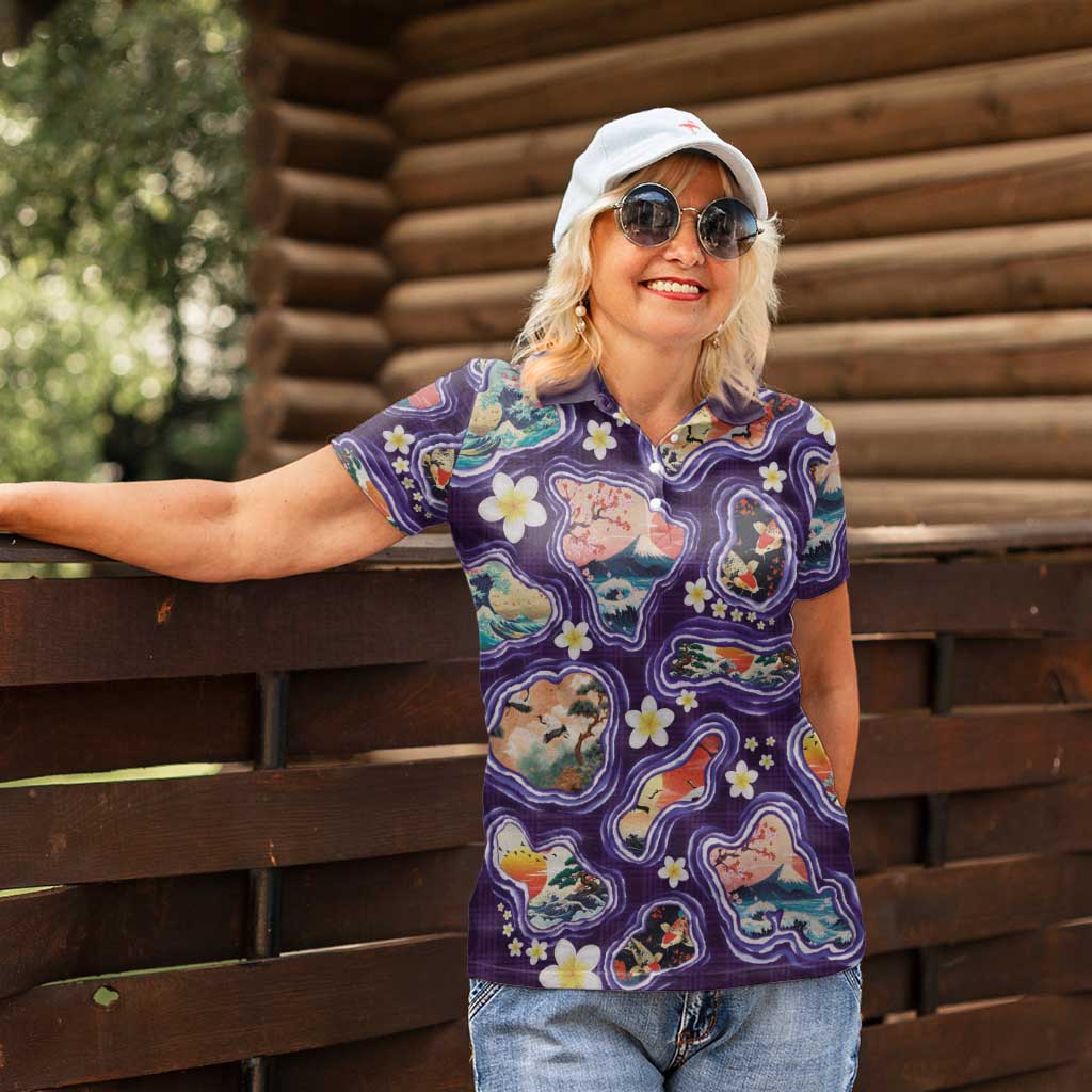 Hawaii Islands Map Design with Japanese Landscape Women Polo Shirt Hawaiian Japan Fusion Art Purple Color