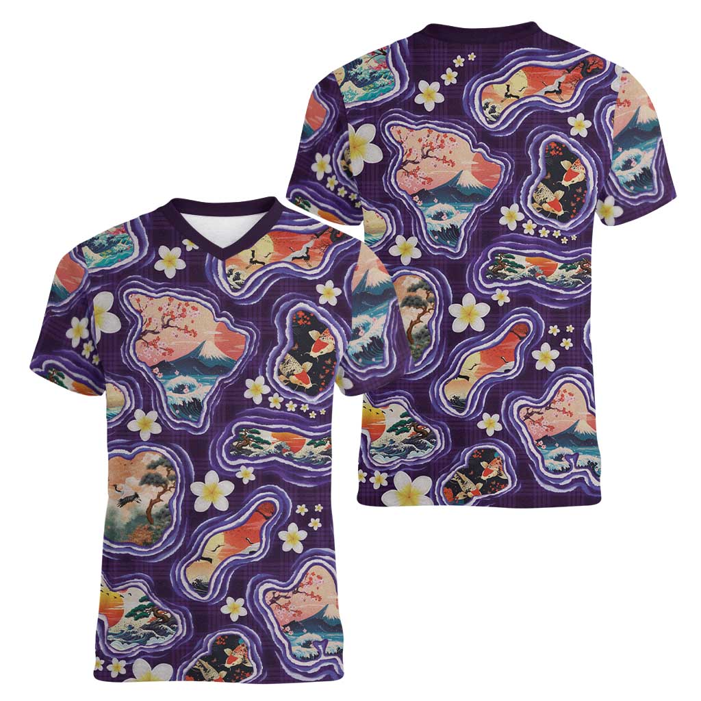 Hawaii Islands Map Design with Japanese Landscape Women V-Neck T-Shirt Hawaiian Japan Fusion Art Purple Color
