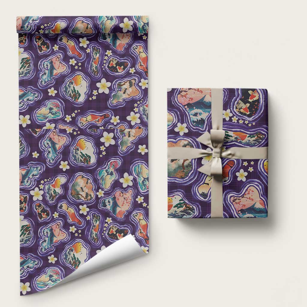 Hawaii Islands Map Design with Japanese Landscape Wrapping Paper Hawaiian Japan Fusion Art Purple Color LT03 58" × 23" Purple - Polynesian Pride