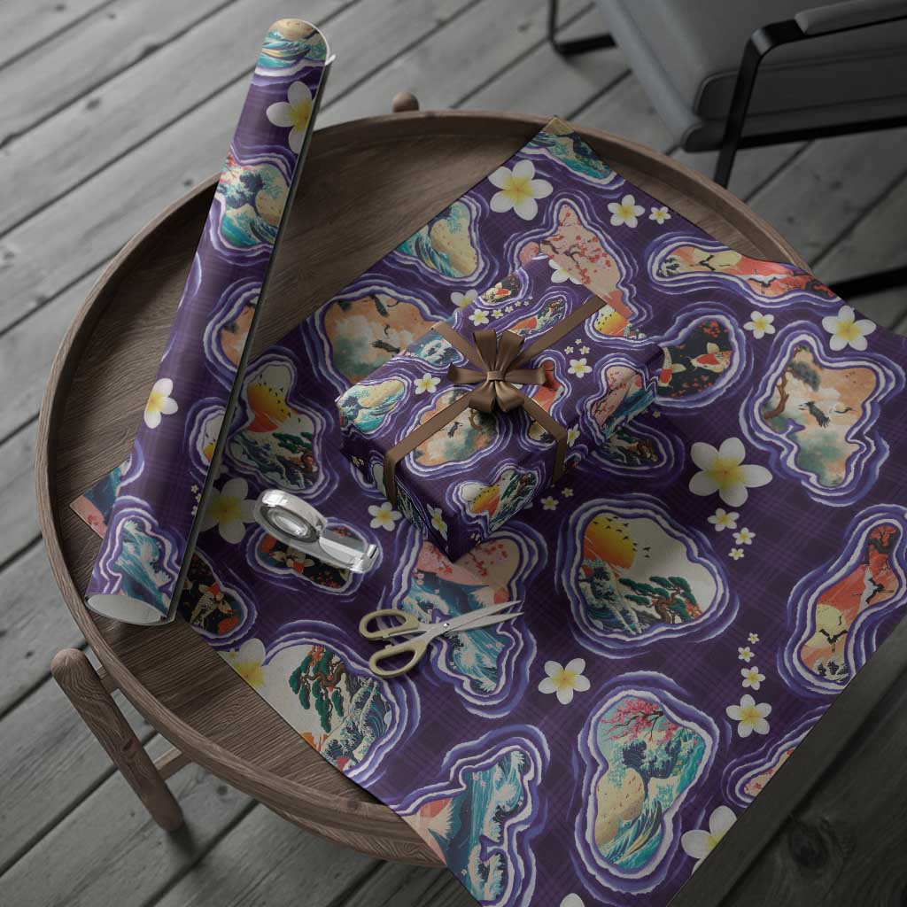Hawaii Islands Map Design with Japanese Landscape Wrapping Paper Hawaiian Japan Fusion Art Purple Color LT03 - Polynesian Pride