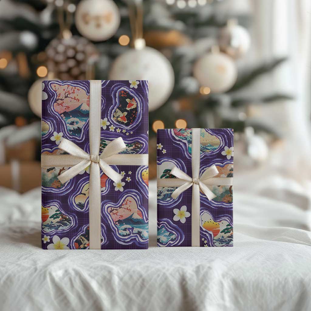Hawaii Islands Map Design with Japanese Landscape Wrapping Paper Hawaiian Japan Fusion Art Purple Color LT03 - Polynesian Pride