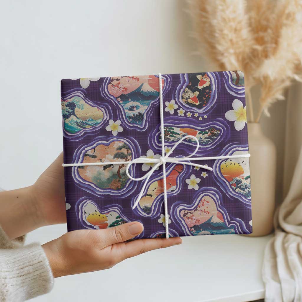 Hawaii Islands Map Design with Japanese Landscape Wrapping Paper Hawaiian Japan Fusion Art Purple Color LT03 - Polynesian Pride