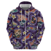 Hawaii Islands Map Design with Japanese Landscape Zip Hoodie Hawaiian Japan Fusion Art Purple Color