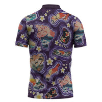 Hawaii Islands Map Design with Japanese Landscape Zipper Polo Shirt Hawaiian Japan Fusion Art Purple Color