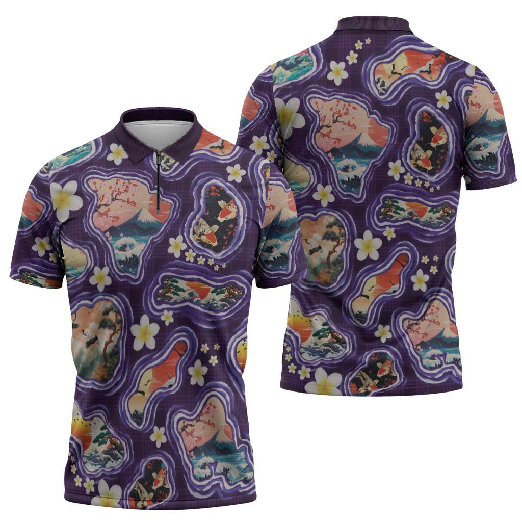 Hawaii Islands Map Design with Japanese Landscape Zipper Polo Shirt Hawaiian Japan Fusion Art Purple Color