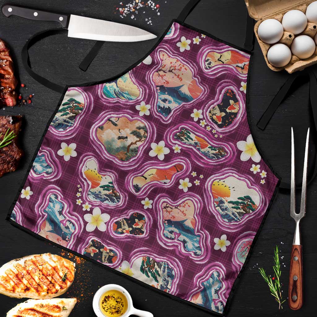 Hawaii Islands Map Design with Japanese Landscape Apron Hawaiian Japan Fusion Art Pink Color