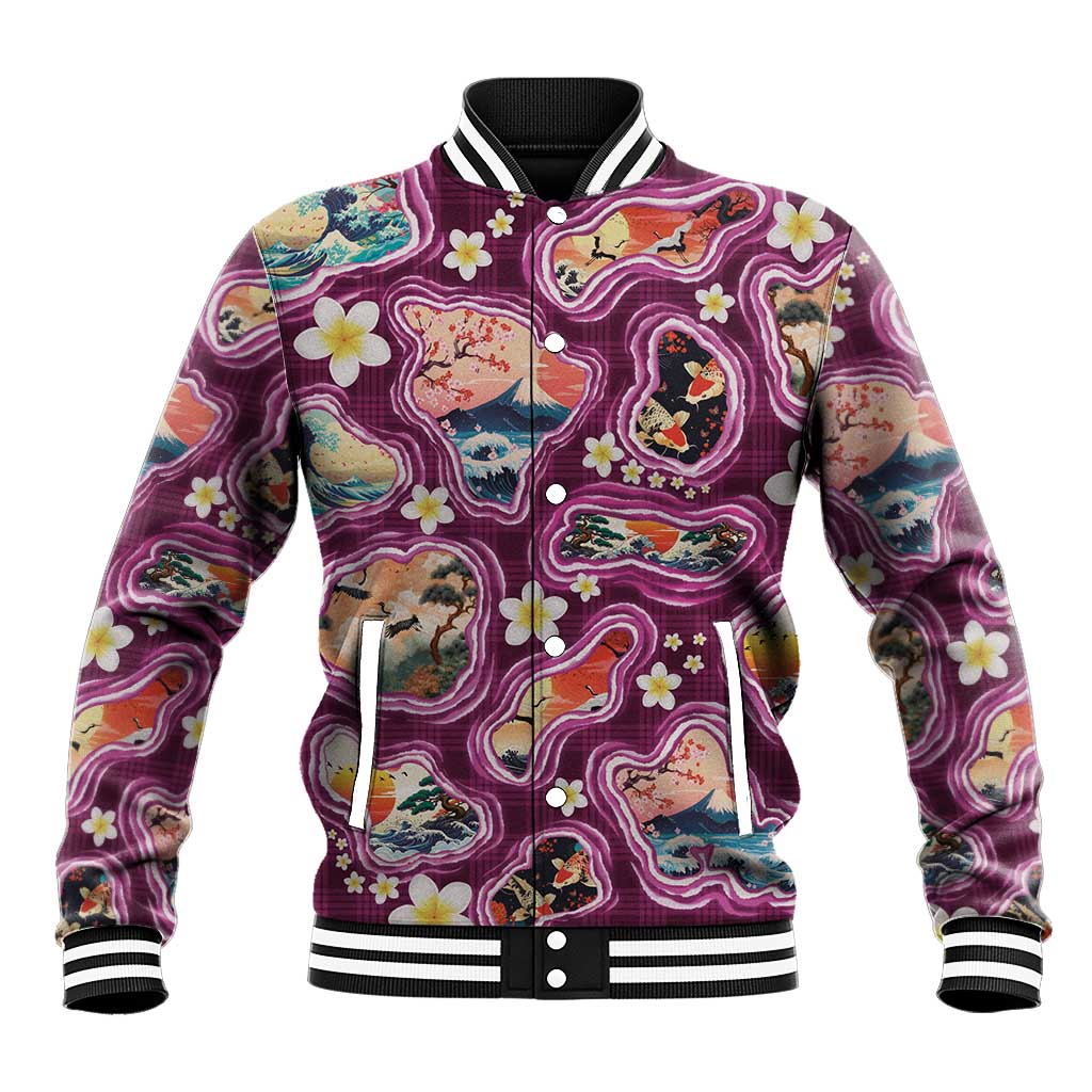 Hawaii Islands Map Design with Japanese Landscape Baseball Jacket Hawaiian Japan Fusion Art Pink Color